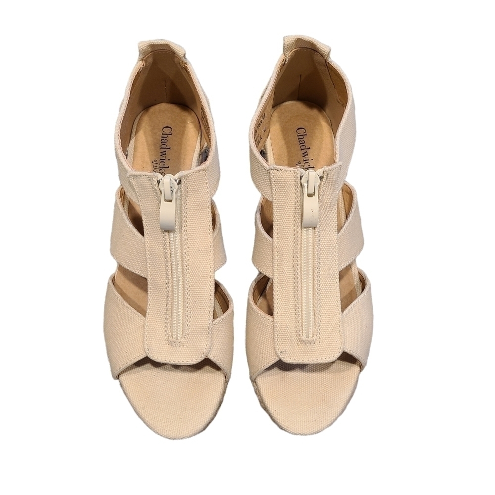 Jute Natural Open-front Sandals with Front Zipper and Wedge Heel, Size 7 - Picture 2 of 16